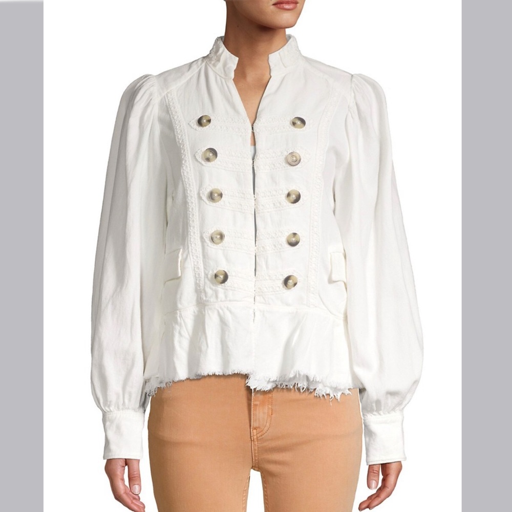 NWT Free People Ariana Linen Embroidered Lace Ruffle Raw Hem Military Jacket S